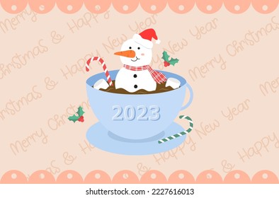 Merry Christmas and happy new year 2023 with cute snowman, candy cane and marshmallows in hot chocolate vector, flat design of cute Christmas character for new year, lovely snowman character vector.