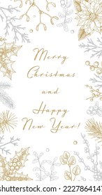 Merry Christmas and Happy New Year vertical greeting card with hand drawn golden botany elements. Vector illustration in sketch style. Festive background. Social media stories template