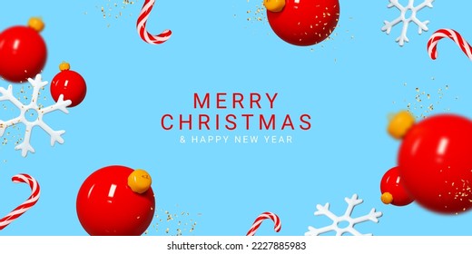 Merry Christmas and Happy New Year banner. Blue holiday background with plastic Christmas balls, snowflakes, candy canes and golden confetti. New Year holiday symbols. Vector illustration.