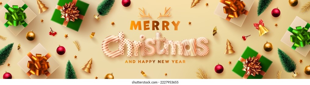 Merry Christmas and Happy New Year Promotion Poster or banner with gift box  and christmas element for Retail,Shopping or Christmas Promotion in gold style.