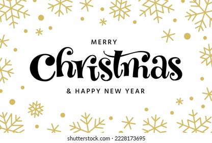 Merry Christmas and Happy New Year hand drawn brush lettering. Xmas background with black ink pen script calligraphy, golden snowflakes. Winter holiday creative typography greeting card banner poster