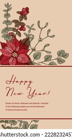 Feliz Navidad y Feliz Año Nuevo tarjeta vertical de saludo con flor de poinsettia dibujada a mano y brunch de mistletoe. Plantilla de historias de medios sociales. Ilustración vectorial en el estilo de esbozo