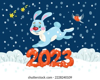 Merry Christmas! Happy New Year! Funny rabbit jumps over the number 2023 on a winter meadow. In cartoon style. On a dark blue background. Vector illustration.