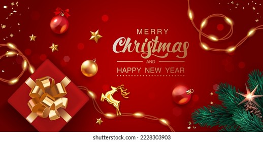 Merry Christmas and Happy New Year banner. Traditional holiday card with realistic red gift box, sparkling light garlands, Christmas balls, golden confetti and snowflakes. Vector illustration.