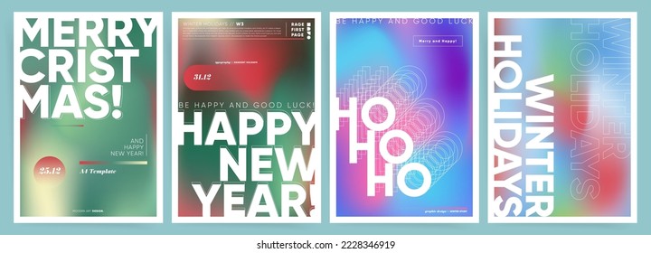 Merry Christmas   Happy New Year Posters  Set A4 gradient backgrounds and text for poster templates  invitations  placards  Modern blurry colorful winter holidays prints  