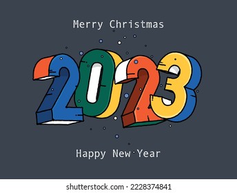 Merry Christmas and Happy New Year, big colorful banner. 2023 New Year. Big poster. Vector illustration with colorful numbers. 