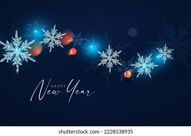 MErry Christmas and Happy New Year design with snowflakes and lights. Shining winter background