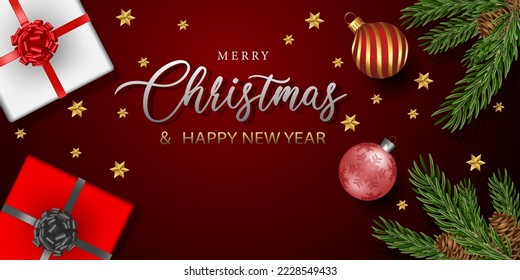 Merry Christmas and Happy New Year green pine leaf gold silver ball stars gift box on red design for holiday festival celebration background vector illustration.