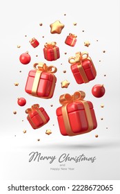 Merry Christmas and Happy New Year festive composition. Colorful Xmas background with realistic 3d trees and gift boxes. Vector illustration