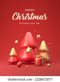 Merry Christmas and Happy New Year festive composition. Colorful Xmas background with realistic 3d trees and gift boxes. Vector illustration