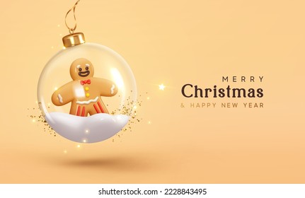 Feliz Navidad y Feliz Año Nuevo. Los adornos navideños encienden bolas transparentes con pan de jengibre en la nieve. Balón de Navidad colgando de la cinta dorada. Fondo de Navidad. ilustración vectorial