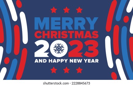 Merry Christmas and Happy New Year 2023. Magic holiday poster with snowflake. Winter celebration event. Christmas party. Congratulation card. Festive design template. Vector illustration