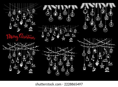 Merry Christmas and Happy New Year winter  xmas decoration elements, hanging string lights ropes , christmas vintage festive ornate overlays garlands in black and white, isolated vector illustration