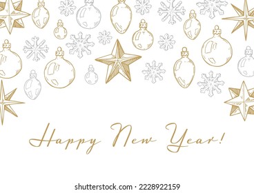 Merry Christmas and Happy New Year horizontal greeting card with hand drawn golden five pointed stars and snowflakes. Vector illustration in sketch style. Festive background