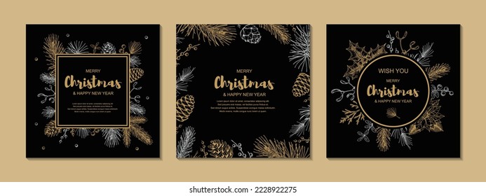 Merry Christmas and Happy New Year square designs with hand drawn golden evergreen branches and holly berries on black background. Vector illustration in sketch style