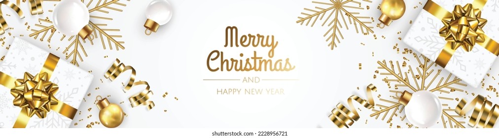 Merry Christmas and Happy New Year. Xmas Festive background with realistic 3d objects, gift box, gold balls.