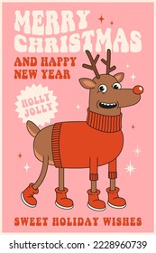 Merry Christmas and Happy New year. Reindeer in trendy retro cartoon style. Greeting cards, posters, prints, party invitations. Red and pink colors.