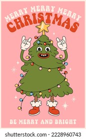 Merry Christmas and Happy New year. Christmas tree in trendy retro cartoon style. Greeting cards, posters, prints, party invitations. Red and pink colors.