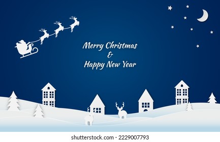 Merry Christmas and happy new year paper cut concept. Christmas and with Santa's sleigh flying, moon, fir trees, stars, house, and deers paper cut concept on blue background. Vector illustration