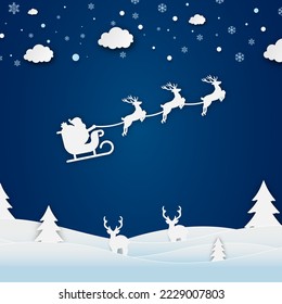 Merry Christmas and happy new year papercut concept. Christmas and with Santa's sleigh flying, snowflakes, fir trees, stars, deers paper cut concept on blue background. Vector illustrator