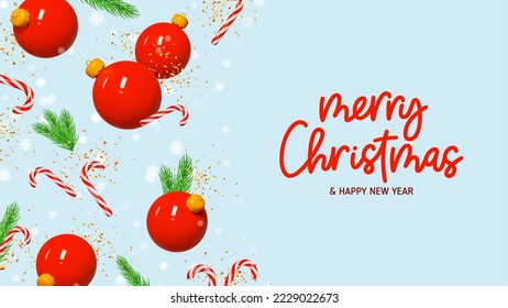 Merry Christmas and Happy New Year banner. Merry Christmas lettering. Christmas and New Year decoration elements. Realistic 3d vector illustration with balls, candy canes and fir tree branches.