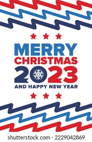 Merry Christmas and Happy New Year 2023. Magic holiday poster with snowflake. Winter celebration event. Christmas party. Congratulation card. Festive design template. Vector illustration
