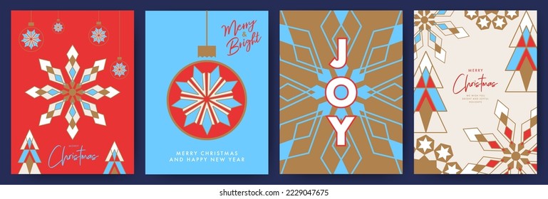 Merry Christmas and Happy New Year greeting card Set. Modern Xmas design with typography and beautiful geometric snowflakes, Christmas tree and balls. Minimal banner, poster, cover, layout template.