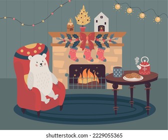 Merry Christmas and Happy New Year. Vector illustrations of a cozy christmas room