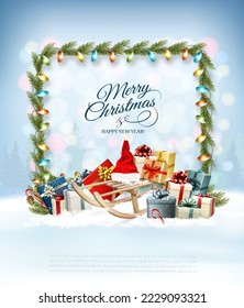 Merry Christmas and Happy New Year Background with winter landscape. Colorful gift boxes with Santa Hat on sleigh in frame with pine branches and  bright multicolor garland. Vector