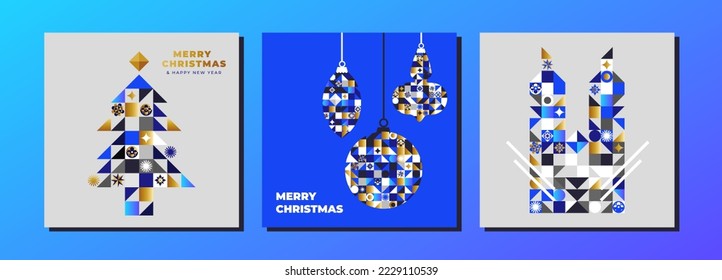 Merry Christmas and Happy New Year. A modern, geometric, minimalistic set of corporate cards with Christmas tree, balls and a bunny. Perfect for invitations, backgrounds, greetings cards. Vector.