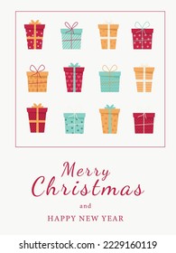 Merry christmas and happy new year postcard with gift boxes on light background. Flat new year vector illustration.