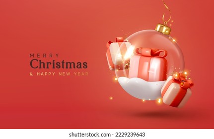 Merry Christmas and Happy New Year. Christmas ornaments glass transparent balls with gift box side on snow. Christmas ball hanging on gold ribbon. Holiday Xmas background. vector illustration