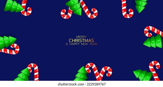 Merry Christmas and Happy New Year background. Winter holiday vector illustration. Frame with striped candy canes and plastic 3D Christmas trees