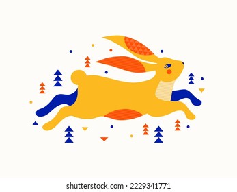 Merry Christmas and happy New Year poster or greeting card. Chinese zodiac Rabbit symbol. Hare in winter forest among snowdrifts and snow. Lunar new year. Vector illustration in geometric minimalism