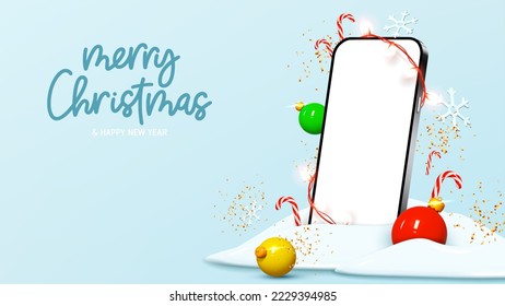 Feliz Navidad y Feliz Año Nuevo. Alegría banner de Navidad y Año Nuevo con smartphone y elementos de decoración. Ilustración vectorial 3d realista para artículos de promoción. Burla de Smartphone.