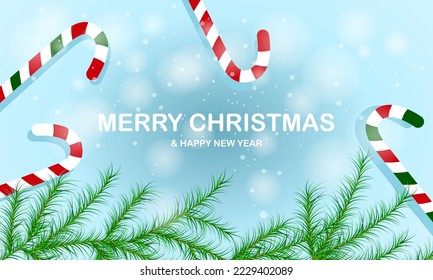 Merry Christmas and Happy new Year greeting card with Xmas tree, pine, branches, candy cane and falling snow