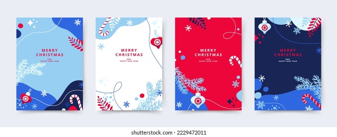 Merry Christmas and Happy New Year banner. Xmas holiday poster set. Vector design of christmas elements for greeting card, cover, social media post