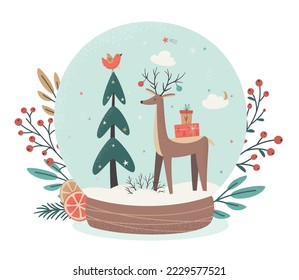 Feliz Navidad y Feliz Año Nuevo. Bola de nieve de invierno de Navidad con árbol de Navidad y reno con cajas de regalo. Ilustración del vector