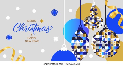 Merry Christmas and a happy new year.
Modern design with сhristmas toys in a geometric, modern style. 
Made in corporate colors. 
Great for a banner, social media, postcard, poster, or holiday cover.