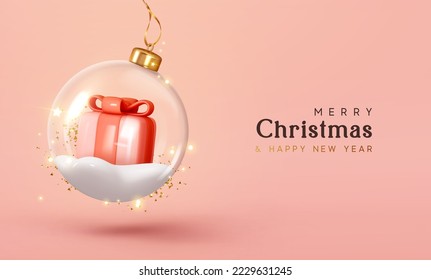 Merry Christmas and Happy New Year. Christmas ornaments glass transparent balls with gift box side on snow. Christmas ball hanging on gold ribbon. Holiday Xmas background. vector illustration