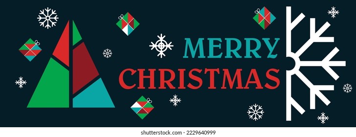 Merry christmas and happy new year banner. Modern Xmas design. Winter landscape with snowflakes, Christmas tree. Poster, greeting card, sale banner for website. Vector illustration