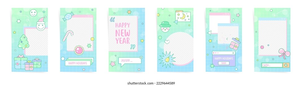 Merry Christmas and Happy New Year vertical cards set. Modern vaporwave cute design for mobile stories, card, covers, promo posts, sale banners.