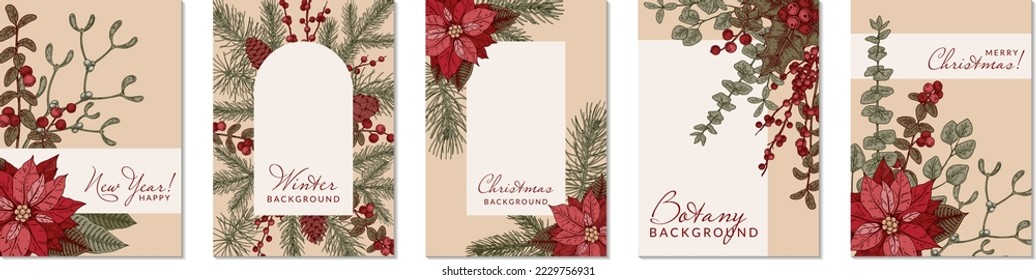 Merry Christmas and Happy New Year vertical greeting card with hand drawn poinsettia flower and mistletoe brunch. Festive colorful background. Vector illustration in sketch style