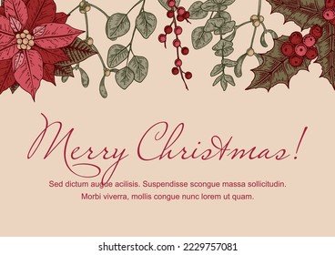 Fröhliche Weihnachten und Frohes neues Jahr horizontale Grußkarte mit handgezeichneten Poinsettienblumen und Misteloe Brunch. Festlicher bunter Hintergrund. Vektorgrafik im Skizzenstil