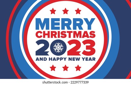 Merry Christmas and Happy New Year 2023. Magic holiday poster with snowflake. Winter celebration event. Christmas party. Congratulation card. Festive design template. Vector illustration