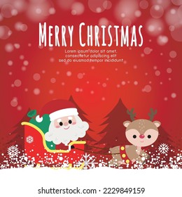 Merry Christmas and happy new year greeting card banner template with cute Santa Claus with gift, cartoon character in Christmas snow scene winter banner, Xmas holiday concept isolated on background