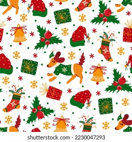 Merry Christmas and happy New Year seamless vector pattern. Holiday symbols - festive dog, holly, gifts, jingle bells, snowflakes, Santa Claus hat. Flat cartoon background for wallpaper, prints, cards