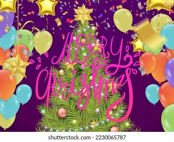 Merry Christmas and Happy New Year 2023 greeting card, vector illustration.
