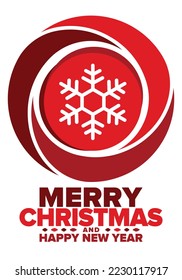 Merry Christmas and Happy New Year. Magic holiday poster with snowflake. Winter celebration event. Christmas party. Congratulation card. Festive design template. Vector illustration