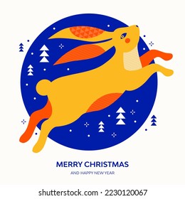 Merry Christmas and happy New Year poster or greeting card. Chinese zodiac Rabbit symbol. Hare in winter forest among snowdrifts and snow. Lunar new year. Vector illustration in geometric minimalism